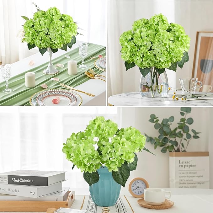 AGIRL 3 Bundles Green Artificial Hydrangea Flowers for Outdoors, UV Resistant Lifelike Faux Flowers for Spring Indoor Outdoor Garden Patio Porch Balcony Home Decoration Wedding Party Centerpieces