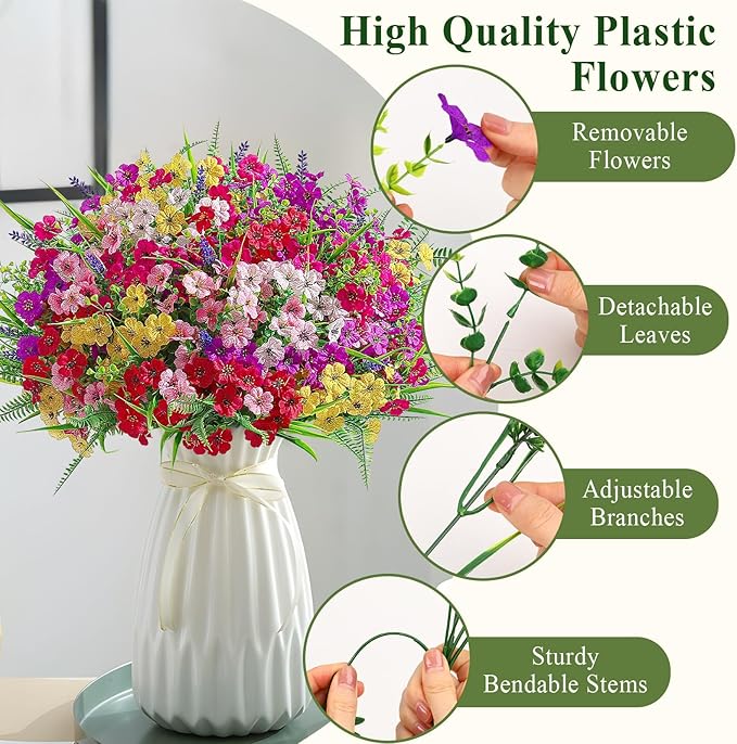 Alupssuc 24 Bundles Artificial Flowers for Outdoors Spring Decoration, UV Resistant Faux Eucalyptus Violet and Lavender Silk Fake Plants for Outside Indoor Decor, Red Rose Purple Yellow Pink White