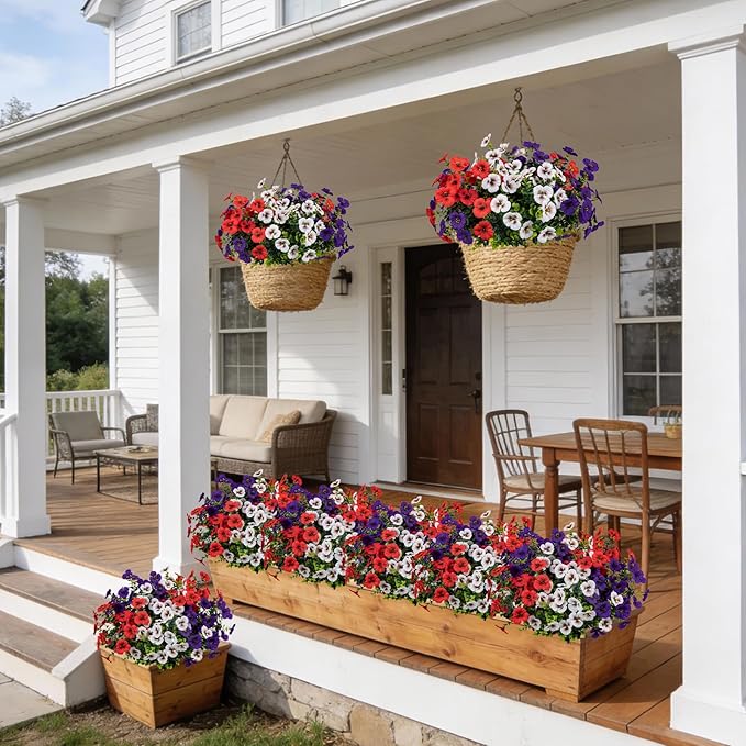 17 Inch Artificial Faux Pansy Flowers for Outdoor,Fake Pansies Flowers with Eucalyptus Leaves Fake Plants Greenery Boxwood Porch Patio Decor 6 Bundles(Dark Purple,Red,White)