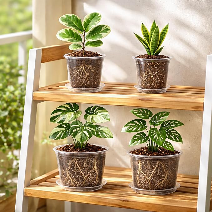 Bluepro 12 Pack 10/8/6/5 Inch Reinforced Large Clear Nursery Pots with Saucers, Transparent Variety Pack Plastic Plant Pot with Drainage Holes for Vegetable Propagation, Root Cutting, Seed Starting
