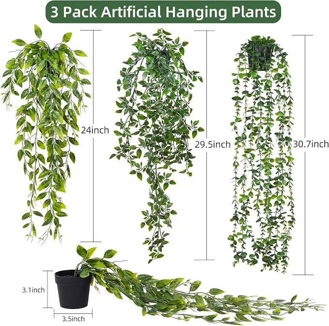 RECUTMS Fake Hanging Plants with Pots 3 Pack Artificial Ivy Vine Fake Potted Eucalyptus Plants Mandala Ivy Vine Leaves Pea Pod Summer Home Room Shelf Wall Indoor Outdoor Wedding Graduation Decor