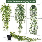 RECUTMS Fake Hanging Plants with Pots 3 Pack Artificial Ivy Vine Fake Potted Eucalyptus Plants Mandala Ivy Vine Leaves Pea Pod Summer Home Room Shelf Wall Indoor Outdoor Wedding Graduation Decor