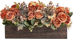 Dahey Centerpiece Table Decorations for Dining Room Farmhouse Living Room Fall Table Centerpieces Decor Wood Tray with 3 Artificial Flowers and 2 Eucalyptus for Kitchen Table, Orange