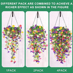 4PCS Artificial Hanging Flowers for Outdoors Summer Decoration, Fake Hanging Plants Faux Petunias with Eucalyptus, UV Resistant No Fade Plastic Realistic Silk Flowers for Porch Patio Balcony Indoor