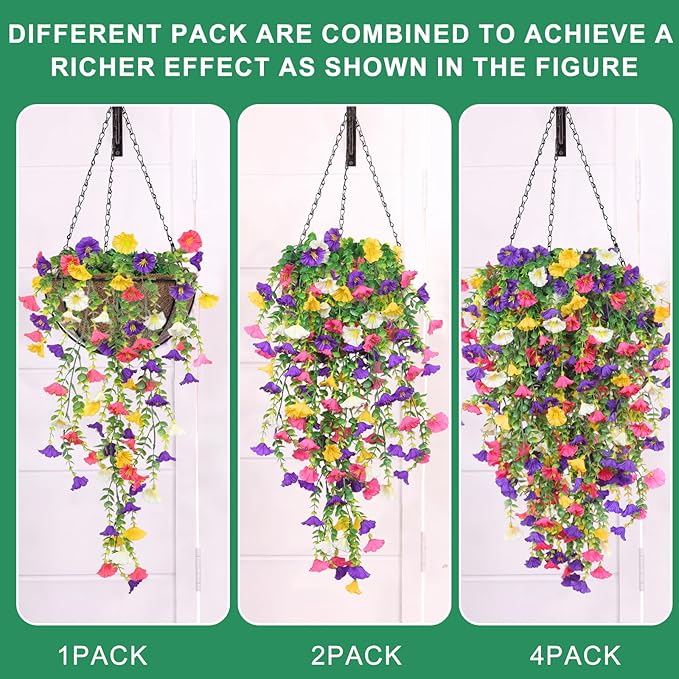 4PCS Artificial Hanging Flowers for Outdoors Summer Decoration, Fake Hanging Plants Faux Petunias with Eucalyptus, UV Resistant No Fade Plastic Realistic Silk Flowers for Porch Patio Balcony Indoor