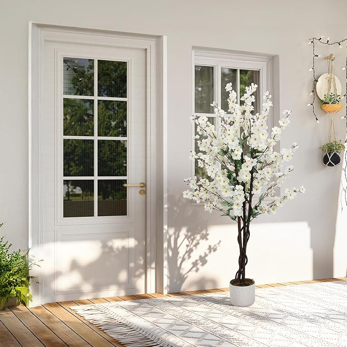 Garvee 4FT Artificial Wintersweet Tree in Pot, Fake Potted Flower Trees with Lifelike Plum Blossom, Decorative Evergreen Flowers Plants Indoor, for Home Living Room Outdoor Office Decor