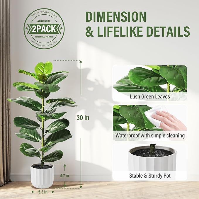 Suntee 2 Pack Artificial Fiddle Leaf Fig Tree, 30" Ficus Lyrata Fake Plants with White Planter, Floor Plant Outdoor Faux Plants for Living Room, Corner, Office, Patio, Windowsill Decor