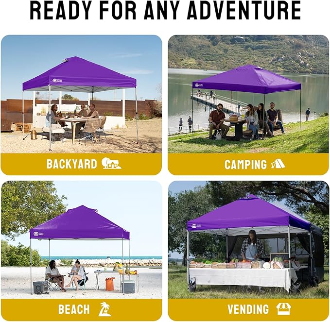 CROWN SHADES 10x10 Pop Up Canopy - Beach Tent with One Push Setup - Easy Outdoor Sun Shade for Events, Parties, Camping - Gazebo with STO-N-Go Cover Bag, Silver Coated Top, Purple