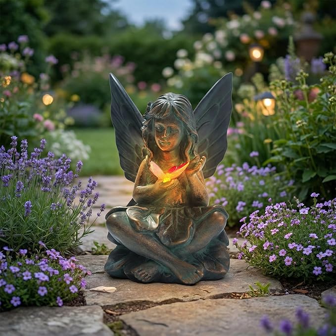 Oinas Solar Fairy Garden Statue Decor - Resin Fairy Figurines with Butterfly Light, 8.5 in Angel Fairy Outdoor Decor, Birthdays, Valentine's Day Garden Sculpture Gifts for Women