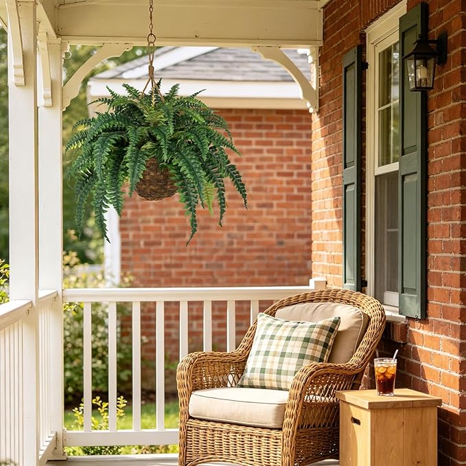Hollyone Large Fake Hanging Ferns 49 Leaves Boston Ferns Artificial Plants Outdoor Indoor Potted Plant 23.6inch Faux Fern in Baskets Pot Artificial Hanging Fern Bush Plant for Patio Garden Porch Decor