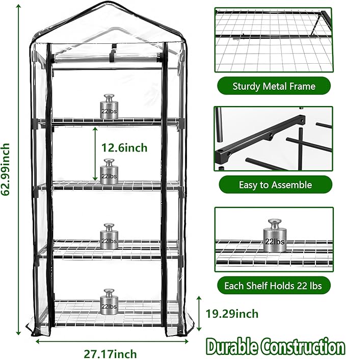 Indoor Greenhouse with Grow Lights, 4-Tier Mini Greenhouse w/Multiple Modes Plant Lights & Waterproof Base Mat & Zippered Door, Walk-in Green House for Growing Plants, Seed Starting, Seed Tray
