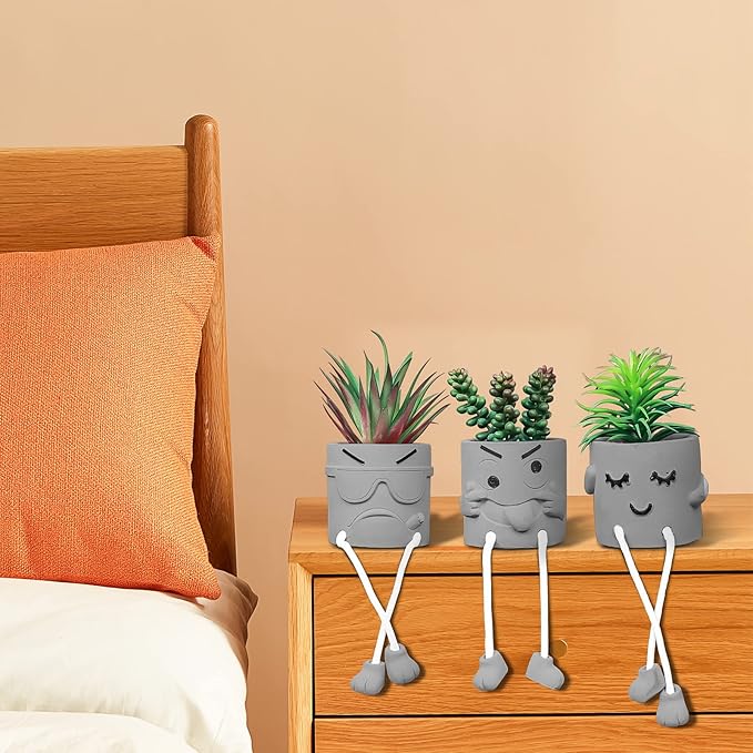 Zerzsy 3 Pack Faux Plants Small Artificial Succulents, Fake Plant Modern Farmhouse Decor, Mini Plants Succulent Pots Bathroom Decor, Office Desk Accessories