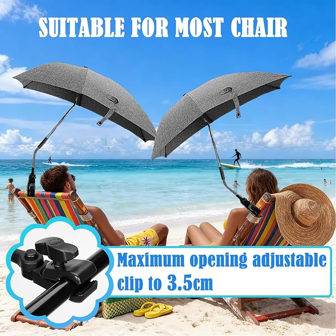Chair Umbrella with Universal Clamp, 78cm UPF 50+ UV Protection Sun Umbrella, 360° Adjustable Clip-On Shade for Stroller, Beach Chair, Patio, Camping Chair, Wheelchair