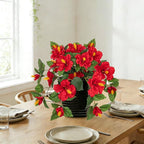 Briful 15.7'' Artificial Hibiscus Plant in Tall Black Woven Planter, Tropical Faux Hibiscus Flowers with Cascading Leaves, Small Fake Flower Pot for Bathroom, Entryway Table, Living Room Decor, Red