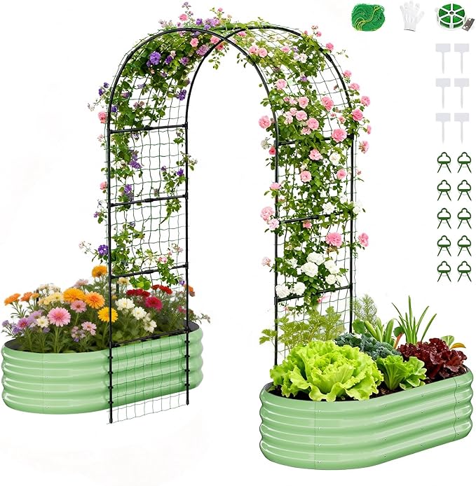 SUNYRISY Galvanized Raised Garden Bed with 87" H Arch Trellis for Climbing Plants Outdoor, Metal Planter Box with Netting for Gardening Flowers Vegetables Fruit Herb, Green