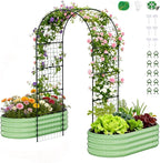 SUNYRISY Galvanized Raised Garden Bed with 87" H Arch Trellis for Climbing Plants Outdoor, Metal Planter Box with Netting for Gardening Flowers Vegetables Fruit Herb, Green