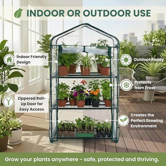 3 Tier Mini Greenhouse - Portable Greenhouse with Rust-Resistant Frame and PVC Cover for Indoor/Outdoor - 27.5x19x50-Inch Green House by Pure Garden