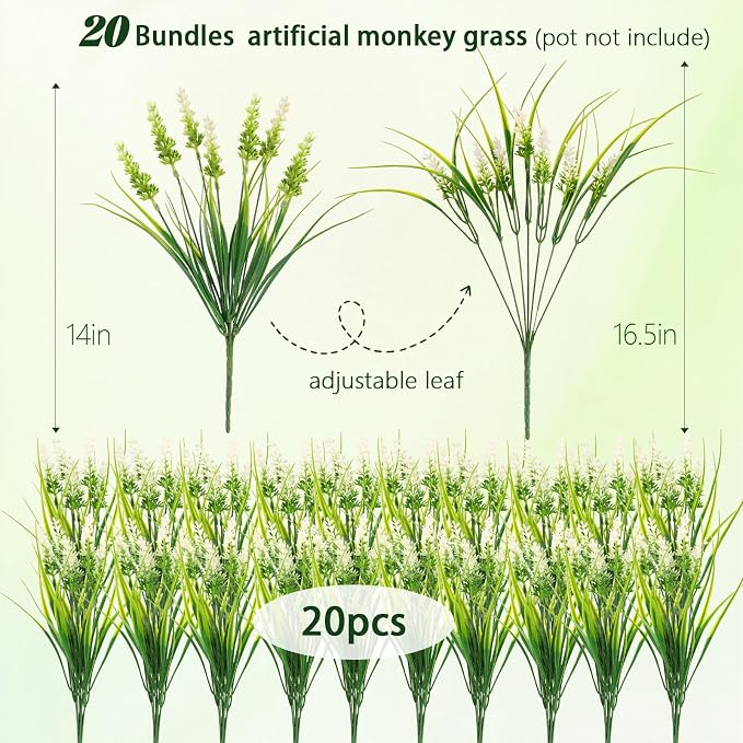 Artificial Plants for Outdoors, 20 Bundles Fake Monkey Grass with White Spring Summer Flowers, Faux Plants Outdoor UV Resistant Realistic Greenery for Garden Window Patio Hanging Porch Home Decoration