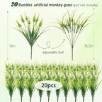 Artificial Plants for Outdoors, 20 Bundles Fake Monkey Grass with White Spring Summer Flowers, Faux Plants Outdoor UV Resistant Realistic Greenery for Garden Window Patio Hanging Porch Home Decoration