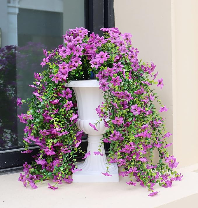 Artificial Hanging Flowers for Outdoors, 4 Pack Fake Hanging Plant for Spring Summer Decor, UV Resistant Faux Silk Flower for Planter Porch Patio Balcony Yard Decoration (Light Purple)