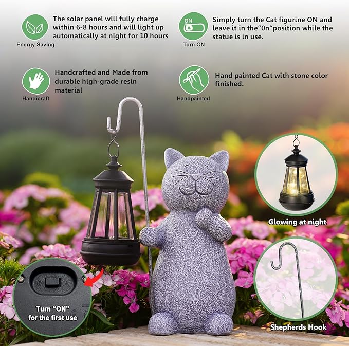 Qeeman Solar Cat Garden Statue: Weatherproof Resin Figurine with Warm Glow Lantern - Outdoor Decor for Yard Pathway Patio Porch Balcony - Gifts for Mom Grandma Cat Lovers