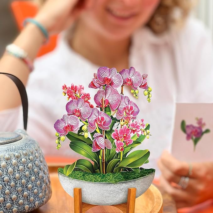 Freshcut Paper Pop Up Cards, Mini Orchid Oasis (Set of 2), 6 Inch Mini Sized Forever Flower Bouquet 3D Popup Greeting Cards, Birthday Card, Get Well Gifts, Blank Notecard & Envelope