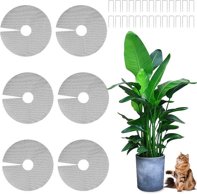 6 Pcs 11.8 Inch Plant Pot Grids, Cuttable Plant Pot Soil Covers Protectors from Animals with 30 Pcs U-Shaped Nails, Cat Dog Digging Proof Protection for Indoor Outdoor Potted Plants