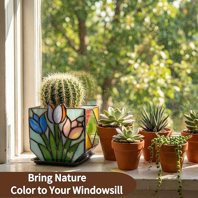 Handmade Stained Glass Tulip Planter,Tiffany Style Decorative Flower Pot for Indoor Plants,Vintage Floral Design Tabletop Plant Container, Ideal Gift for Plant Lovers and Gardeners