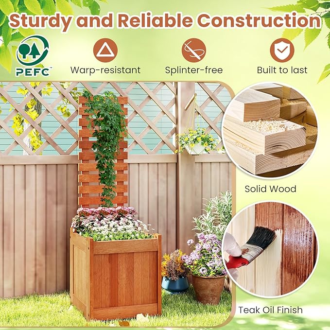 HAPPYGRILL Raised Garden Bed with Trellis, Outdoor Elevated Planter Box w/Trellis, Open-Ended, for Climbing Plant Vine Flower Vegetable, Freestanding Privacy Planters for Patio Yard, 16"x16"x48" (1)