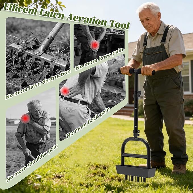 COZEER Lawn Aerator Tool with 4 Hollow Tines & 3 Spike Tines, Aerator Lawn Tool with Soil Core Storage Tray, Grass Aerator for Yard Aerator, Manual Lawn Core Aerator & Yard Aerator Garden Tool