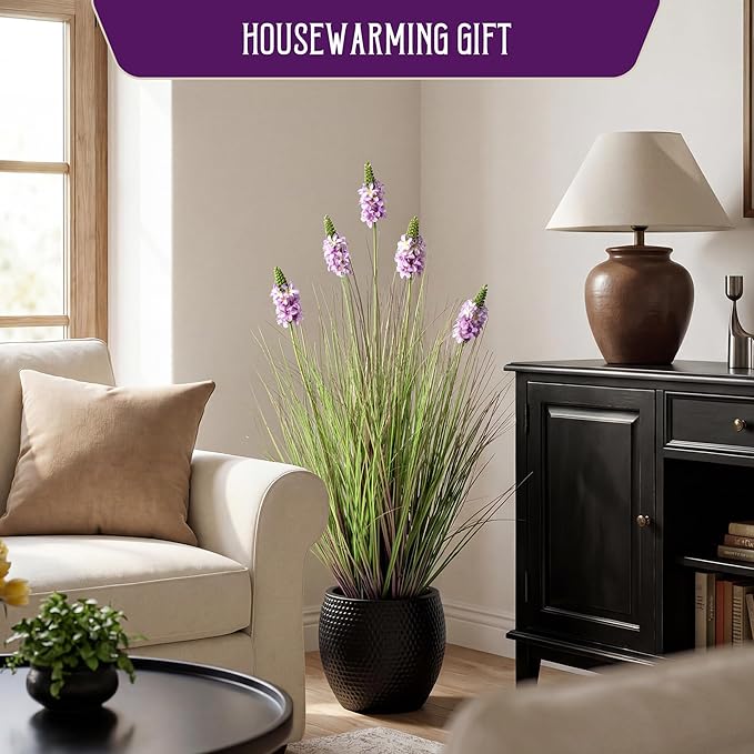 Artificial Plants Indoor Tall Grass Plants with Lilac Flower 35.4In Tall Artificial Ornamental Grass Green Onions Outdoor Fake Plants with Black Pot Home Office Decorative (1 Pack,Purple)