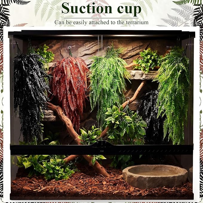 Suncalla Reptile Plants Terrarium Hanging Plants Vines Boston Climbing Terrarium Plant with Suction Cup for Bearded Dragons Lizards Crested Gecko Snake Crab Tank(Vivid Series,3 Colors)