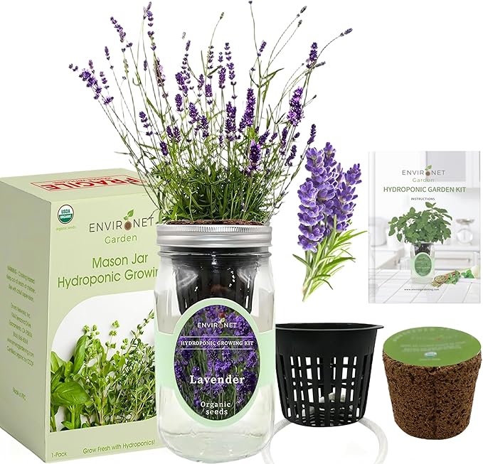 Hydroponic Herb Growing Kit, Self-Watering Mason Jar Herb Garden Starter Kit Indoor, Windowsill Herbs Garden, Grow Your Own Herbs from Organic Seeds (Lavender)
