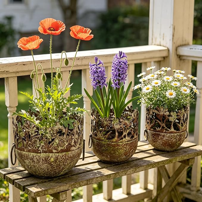 3 Piece Vintage Metal Planter Set, Rustic Distressed Farmhouse Flower Pots with Handles for Indoor Outdoor Garden, Tabletop Centerpieces & Wedding Decor