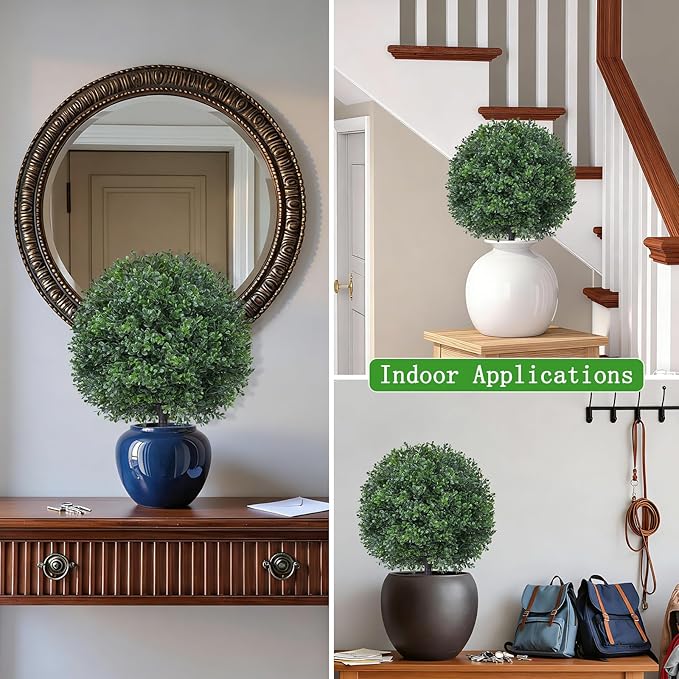 2Pcs Artificial Boxwood Topiary Ball Tree, UV Resistant Artificial Outdoor Shrubs with Spike, Decorative Evergreen Fake Topiary Bushes Plant for Front Porch Garden