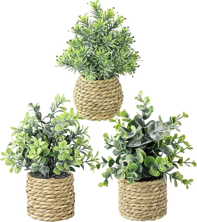 Small Fake Potted Plants: 9 Inches Artificial Plants with Seagrass Handwoven Planters, Indoor Farmhouse Decorations, Eucalyptus Plant for Home Bathroom Office Shelf Tabletop Desk Room Decor