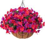 Artificial Hanging Flowers Plant with Basket for Outdoors Spring Decor, Fake Hanging Plants Silk Bougainvillea in Planter Look Real UV Resistant Faux Flower for Outside Porch Patio Garden Home, Mix