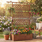 COSTWAY Wooden Raised Garden Planter with Trellis and Roof, 72" Freestanding Privacy Screen & Climbing Plant Support for Outdoor Patio, Balcony, Vegetable, Herb, and Flower Gardening (Brown,1)