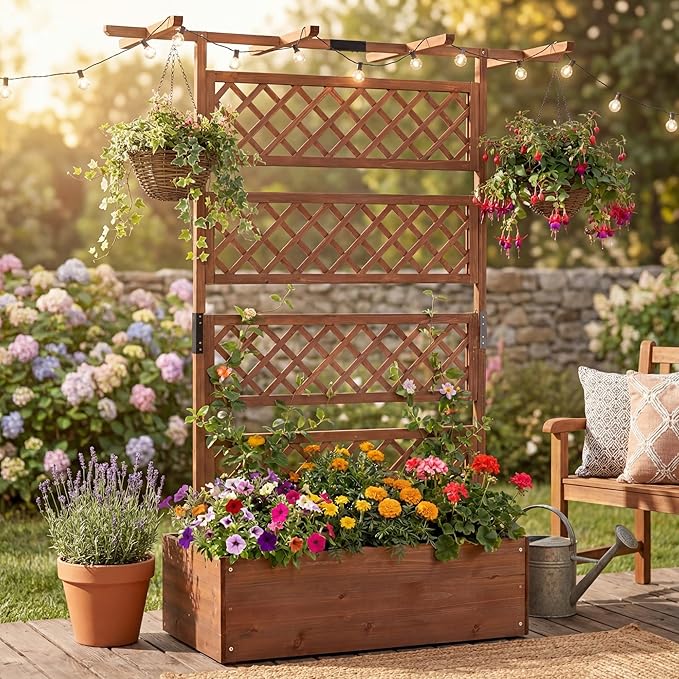 COSTWAY Wooden Raised Garden Planter with Trellis and Roof, 72" Freestanding Privacy Screen & Climbing Plant Support for Outdoor Patio, Balcony, Vegetable, Herb, and Flower Gardening (Brown,1)
