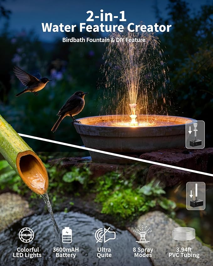 POPOSOAP 8W Solar Fountain Pump with 3200mAh Battery Backup & LED Lights, Solar Water Fountain Kit with 8 Nozzles & PVC Tubing for Bird Bath, Pond, Fish Tank, Backyard Decor P108DL