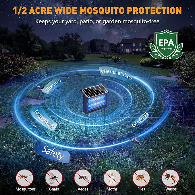 Solar Bug Zapper Outdoor, 4500V Solar Mosquito Zapper for Outdoor & Indoor, 1/2 Acre Coverage Cordless Rechargeable Electric Fly Zapper, IPX5 Waterproof Mosquito Traps for Backyard, Patio, Camping