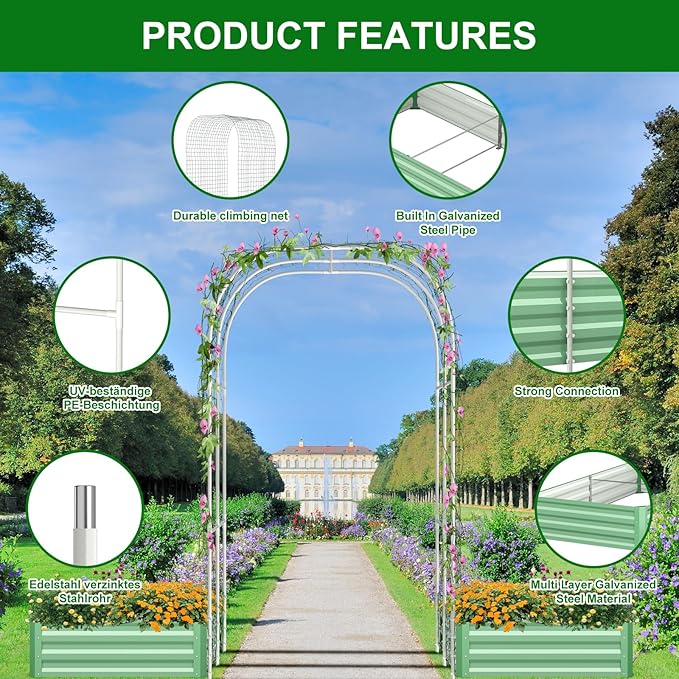 SUNYRISY Galvanized Raised Garden Bed with 87" H Arch Trellis for Climbing Plants Outdoor, Large Metal Planter Box with Netting for Gardening Flowers Vegetables Fruit, Green
