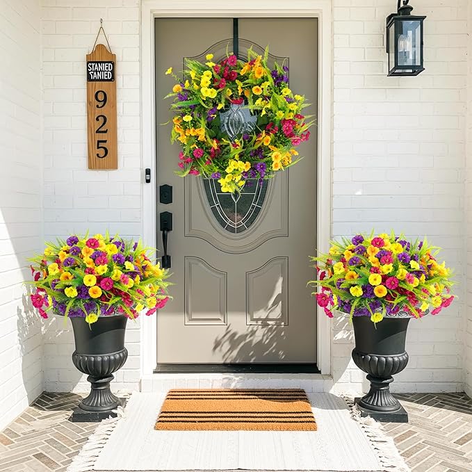 Artificial Flowers for Outdoors 12 Bundles Artificial Petunias Fake Flowers UV Resistant Shrubs Plants with Fern for Indoor Outside Hanging Planters Home Garden Spring Summer Decorations