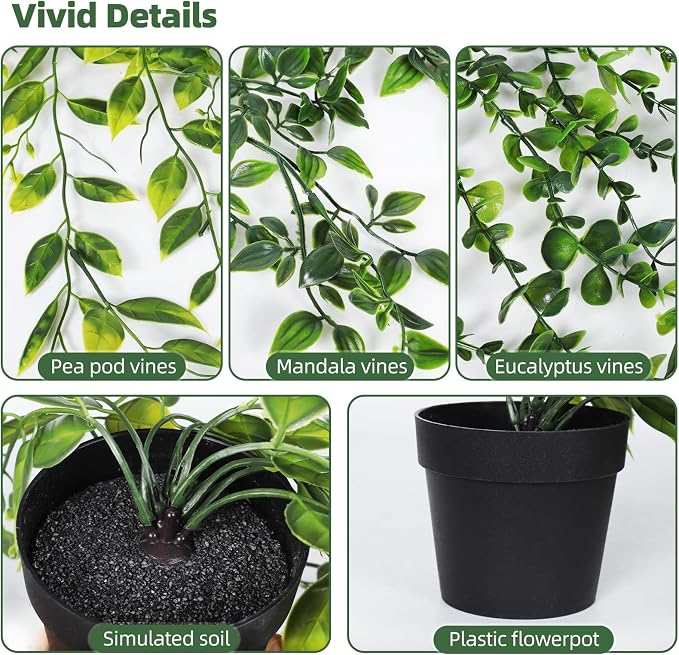 RECUTMS Fake Hanging Plants with Pots 3 Pack Artificial Ivy Vine Fake Potted Eucalyptus Plants Mandala Ivy Vine Leaves Pea Pod Summer Home Room Shelf Wall Indoor Outdoor Wedding Graduation Decor