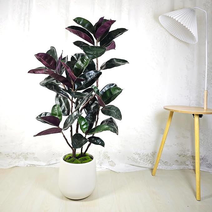 4.5FT Artificial Rubber Tree - 54.5 Inch Tall Fake Plant Indoor Faux Tree with Bendable Branches & Realistic Leaves, Faux Floor Plant for Home Office Decor in White Pot
