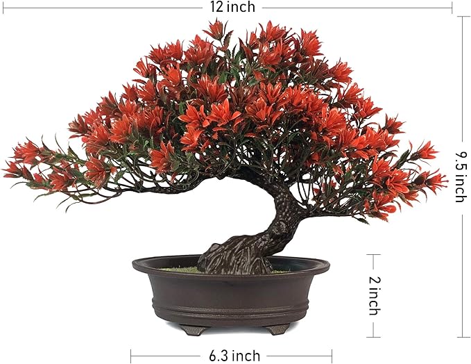 Artificial Bonsai Tree Fake Plants for Home Decor, Living Room Bathroom Bookshelf Entryway Table Wall Shelf Modern Farmhouse Decor, 9.5" Tall, Red