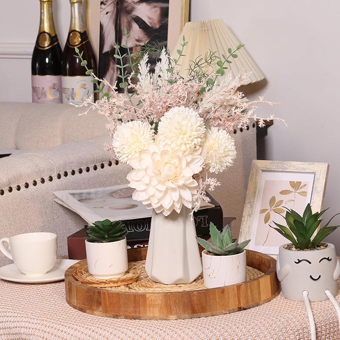 CEWOR Fake Flowers in Ceramic Vase, Artificial Flowers with Ceramic Vase Faux Silk Floral Arrangement Table Centerpieces Decor for Home Office Dining Farmhouse Coffee Table Living Room