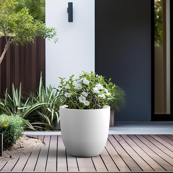 Kante 18 Inch Dia Round Concrete Planter, Indoor Outdoor Large Plant Pot with Drainage Hole and Rubber Plug for Home Patio Garden, Pure White