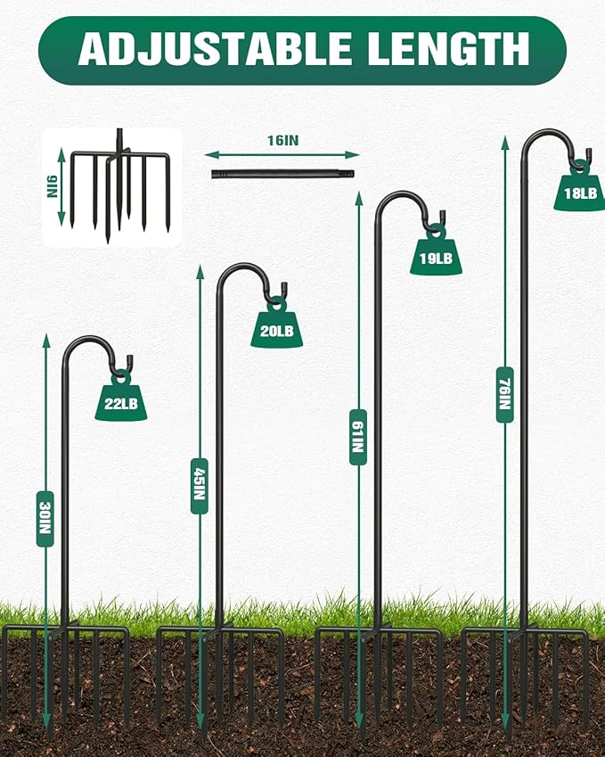Breeze Touch 2Pack 76 Inch Adjustable Shepherd Hooks for Outdoor Outside, Heavy Duty with 7 Prongs Base, for Hanging Lantern, Hummingbird Feeder, Lightweight Plant, Wind Chime, Bird Feeder Hanger