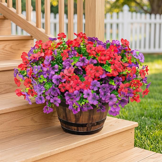 Artificial Flowers for Outdoor Fake Plants for Spring Decoration,Faux Eucalyptus Flowers for Planter UV Resistant Lifelike for Home Porch Garden (Purple/Red)